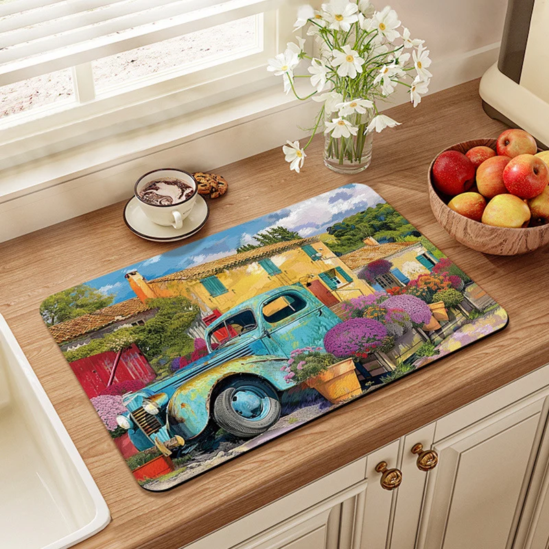 Artistic Vintage-Themed Kitchen Mat