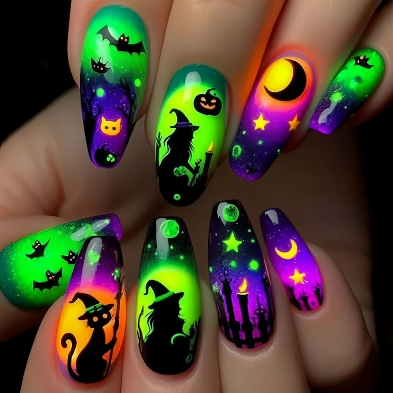 Halloween-Themed Glow-in-the-Dark Nail Art Stornfield
