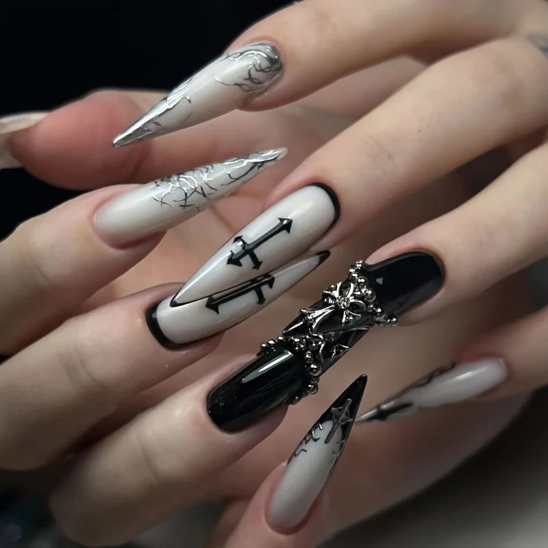 Gothic-Inspired Stiletto Nail Art Extensions Stornfield