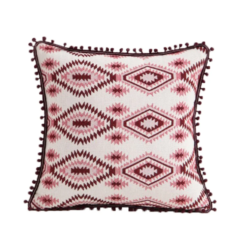 Dekorativer Bohemian Patchwork Wandteppich Wurfkissenbezug mit Pompon-Fransenverzierung