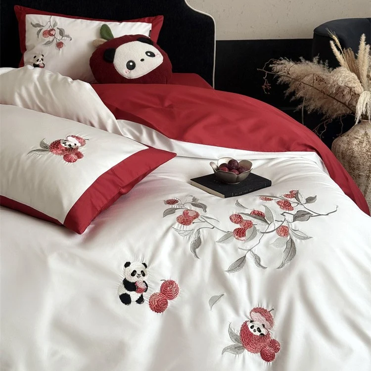 Embroidered cotton satin bed linen set with floral apple and panda appliqué Stornfield