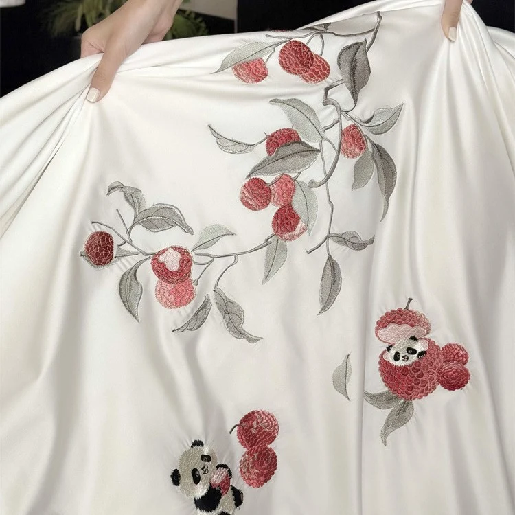 Embroidered cotton satin bed linen set with floral apple and panda appliqué Stornfield