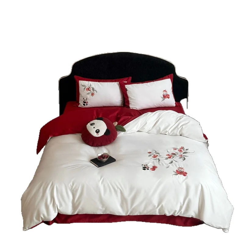 Embroidered cotton satin bed linen set with floral apple and panda appliqué Stornfield