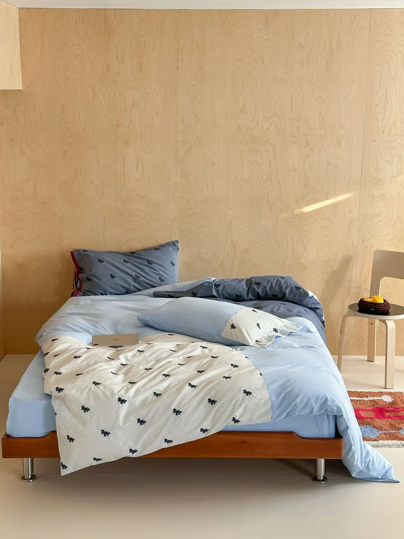 Bed linen - bedding set made of cotton with fine stripe and animal embroidery motif Stornfield