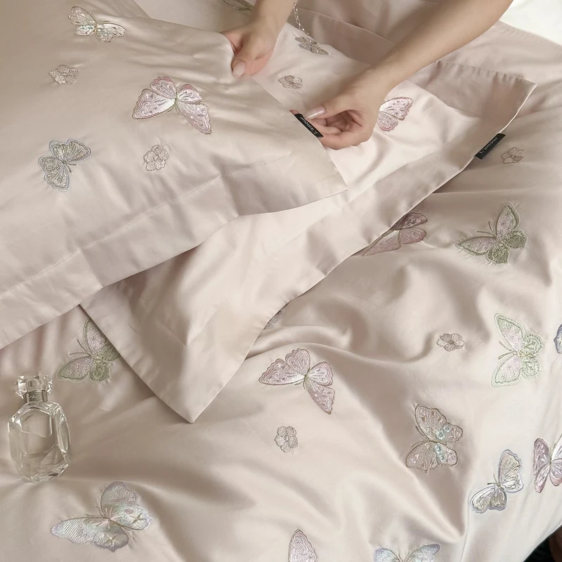 Satin bedding set with fine butterfly embroidery Stornfield