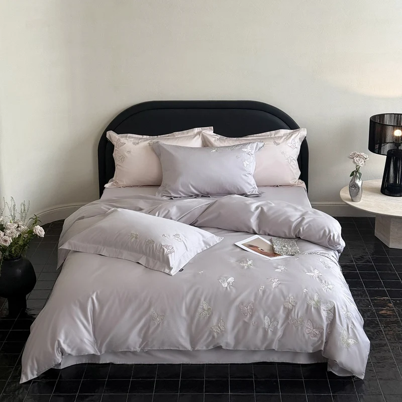 Satin bedding set with fine butterfly embroidery Stornfield
