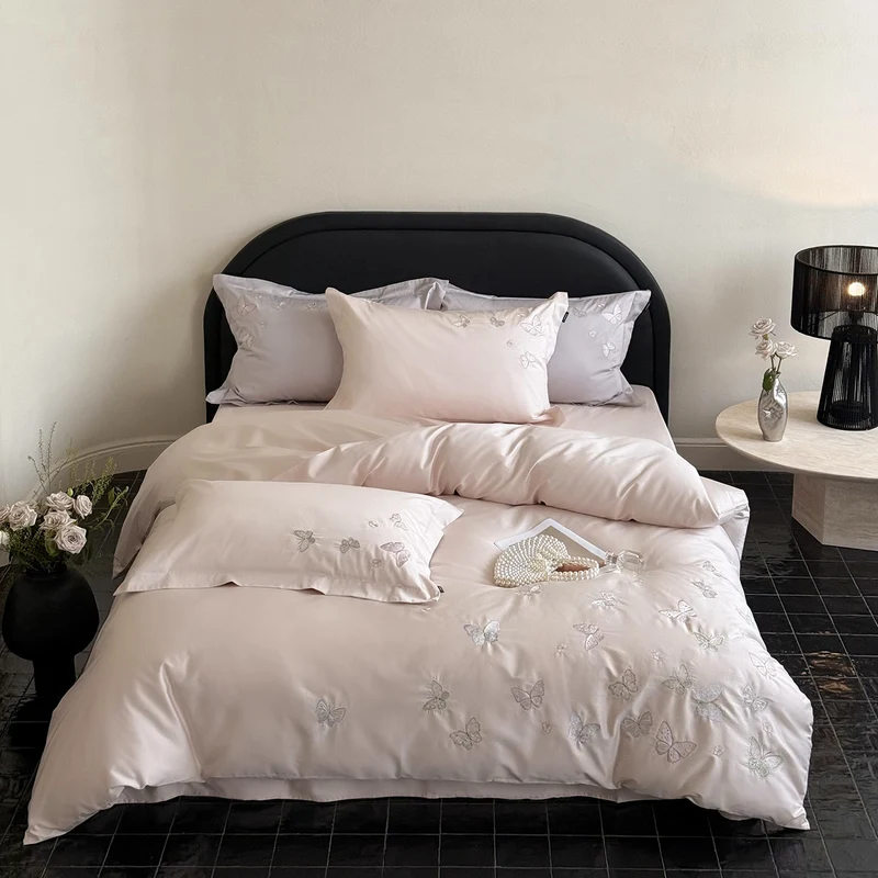 Satin bedding set with fine butterfly embroidery Stornfield