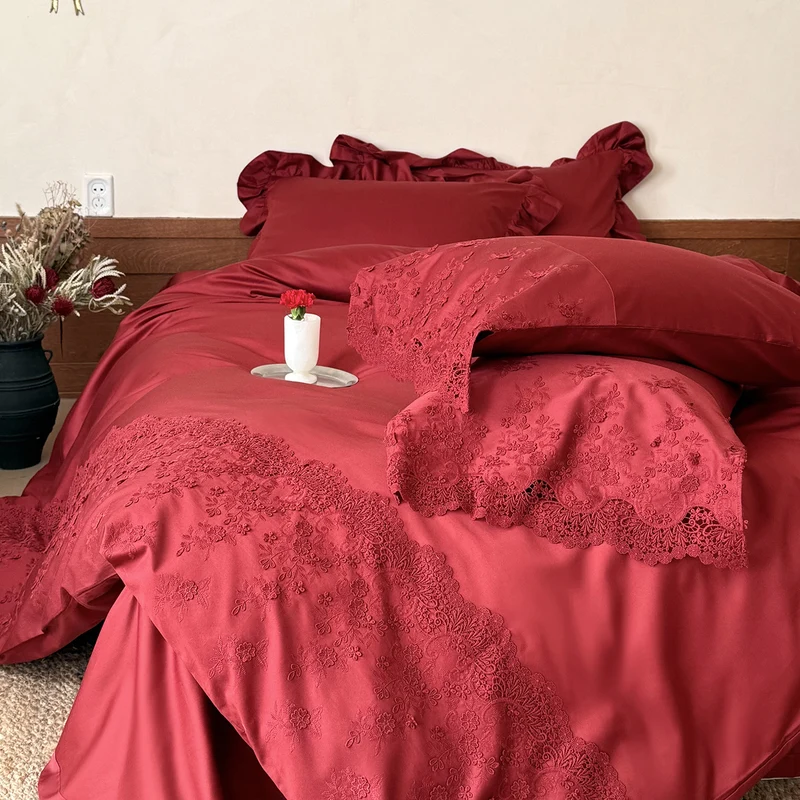 Satin bedding set with delicate lace embroidery and ruffles Stornfield