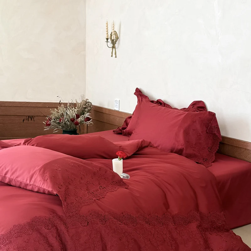 Satin bedding set with delicate lace embroidery and ruffles Stornfield