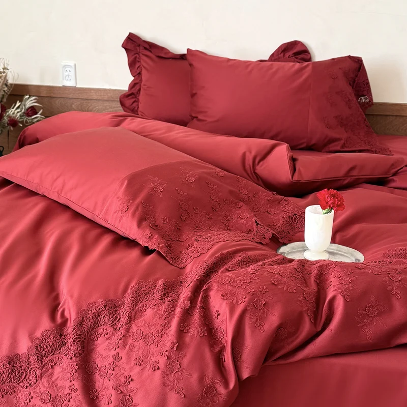 Satin bedding set with delicate lace embroidery and ruffles Stornfield