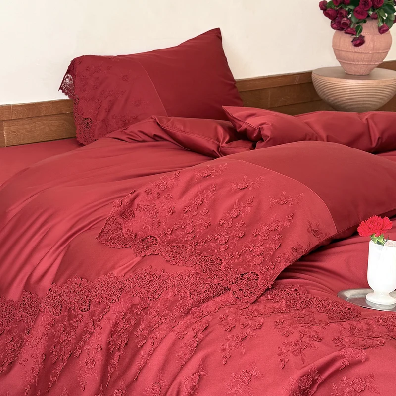 Satin bedding set with delicate lace embroidery and ruffles Stornfield