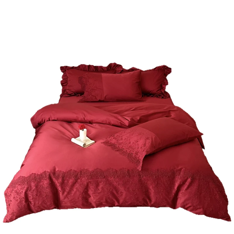 Satin bedding set with delicate lace embroidery and ruffles Stornfield