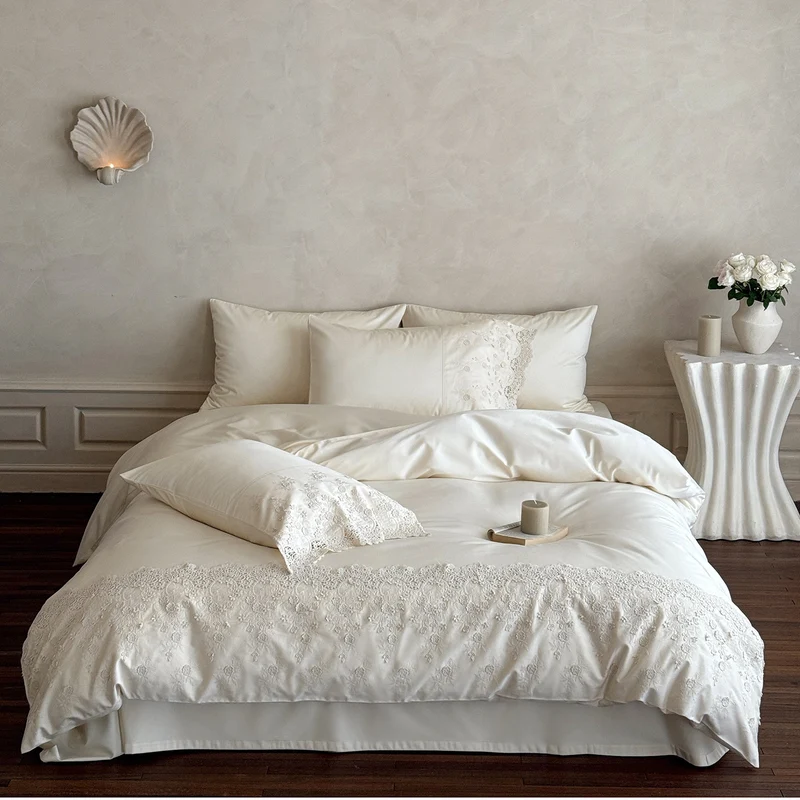 Satin bedding set with delicate lace embroidery and ruffles Stornfield