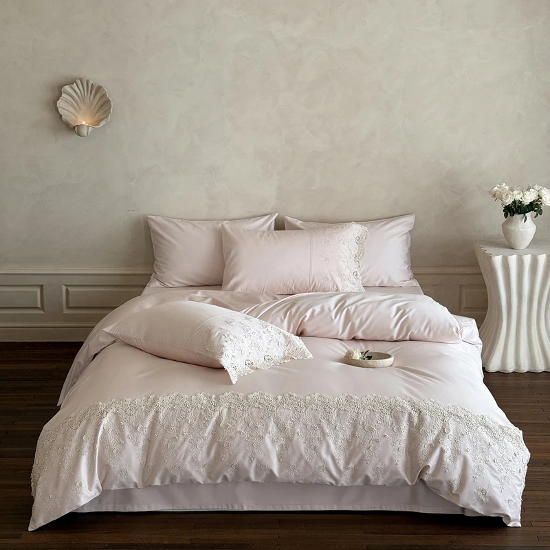 Satin bedding set with delicate lace embroidery and ruffles Stornfield