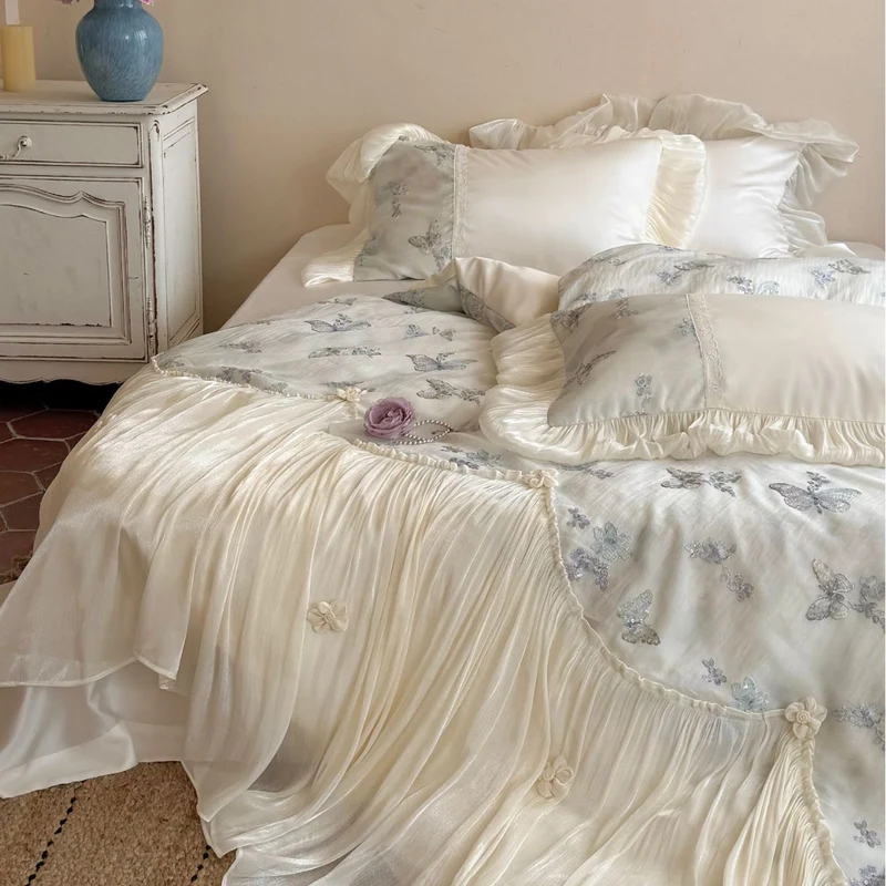Romantic cotton bedding set with chiffon ruffle, embroidered butterflies and bed skirt Stornfield