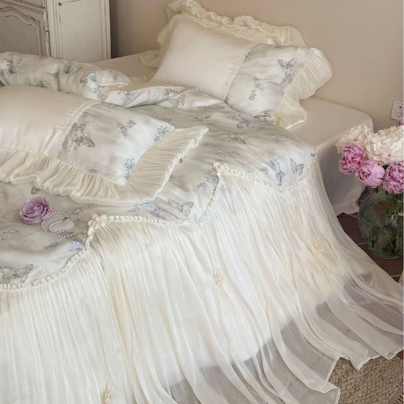 Romantic cotton bedding set with chiffon ruffle, embroidered butterflies and bed skirt Stornfield