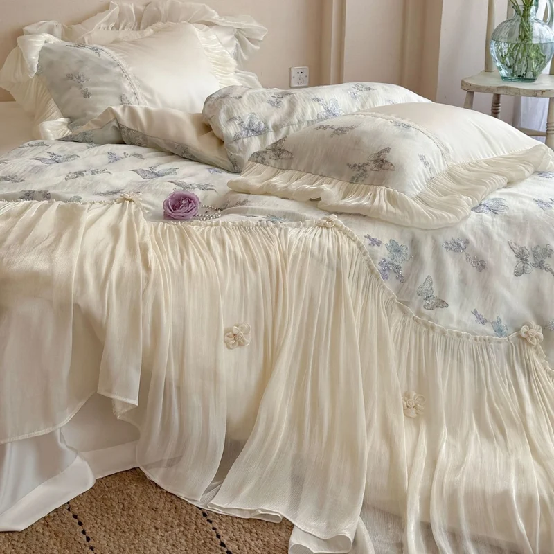 Romantic cotton bedding set with chiffon ruffle, embroidered butterflies and bed skirt Stornfield