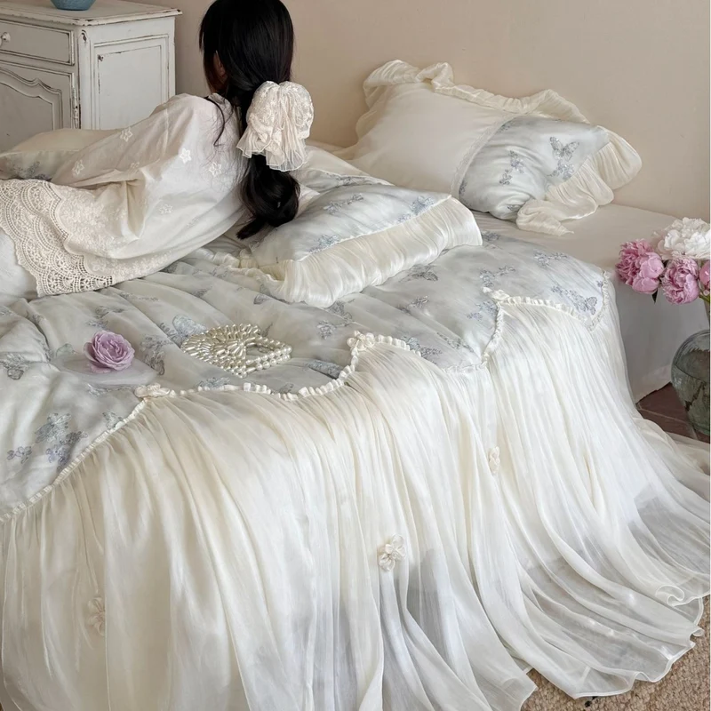 Romantic cotton bedding set with chiffon ruffle, embroidered butterflies and bed skirt Stornfield