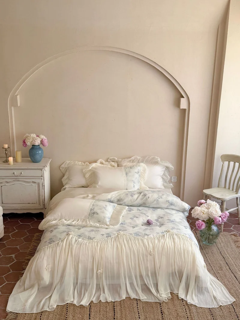 Romantic cotton bedding set with chiffon ruffle, embroidered butterflies and bed skirt Stornfield