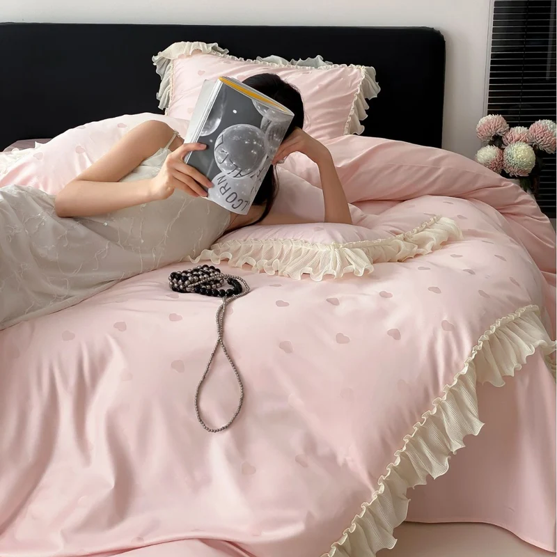 Luxurious satin bedding set with ruffles and subtle heart print Stornfield