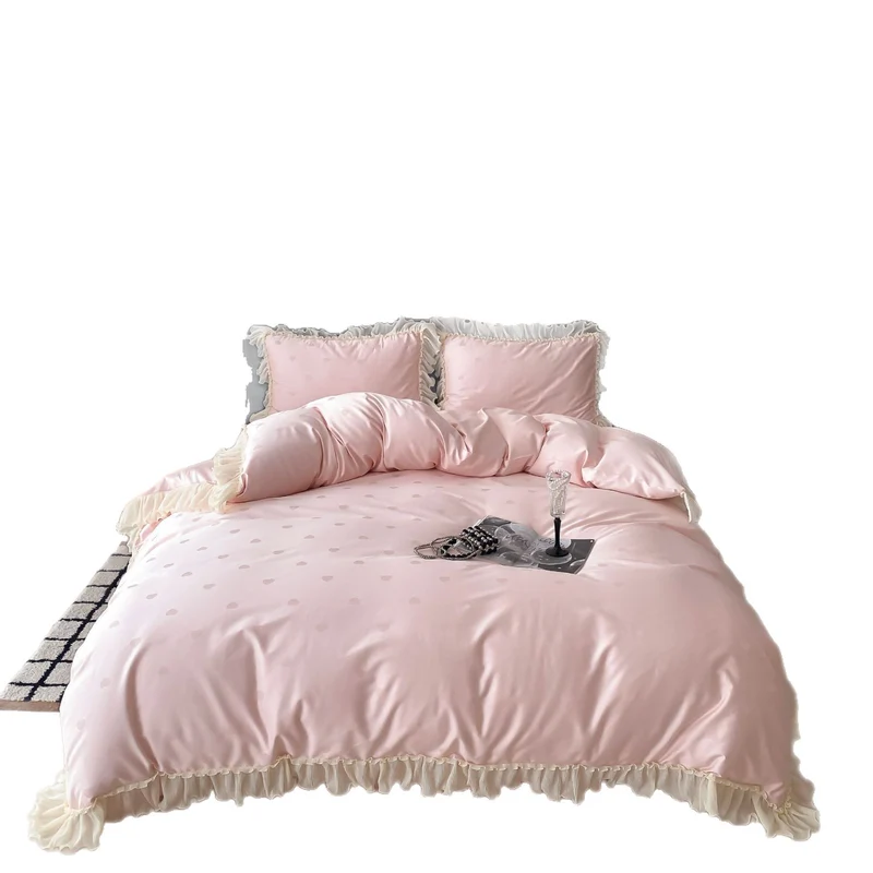 Luxurious satin bedding set with ruffles and subtle heart print Stornfield