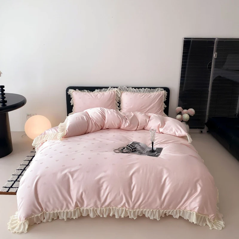 Luxurious satin bedding set with ruffles and subtle heart print Stornfield