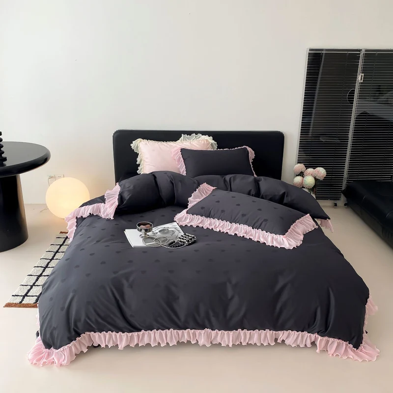 Luxurious satin bedding set with ruffles and subtle heart print Stornfield