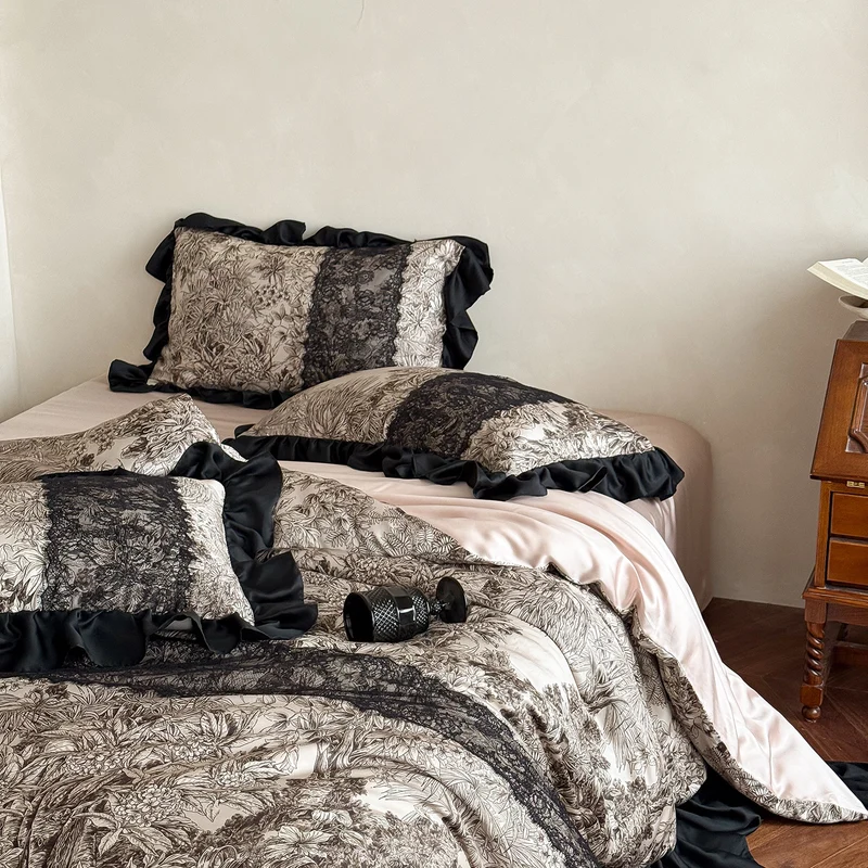 Luxurious satin bedding set with ruffle trim and intricate toile de Jouy print Stornfield