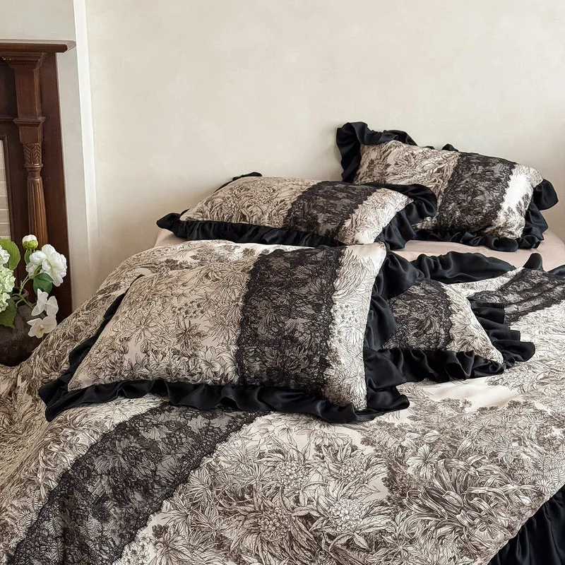 Luxurious satin bedding set with ruffle trim and intricate toile de Jouy print Stornfield