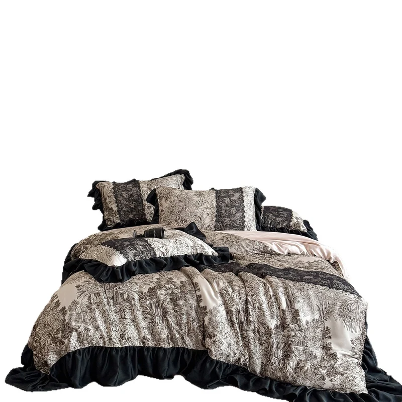 Luxurious satin bedding set with ruffle trim and intricate toile de Jouy print Stornfield
