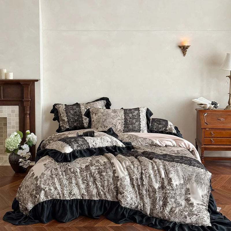 Luxurious satin bedding set with ruffle trim and intricate toile de Jouy print Stornfield