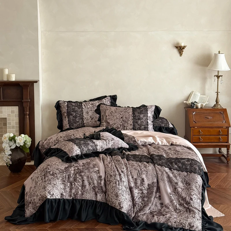 Luxurious satin bedding set with ruffle trim and intricate toile de Jouy print Stornfield