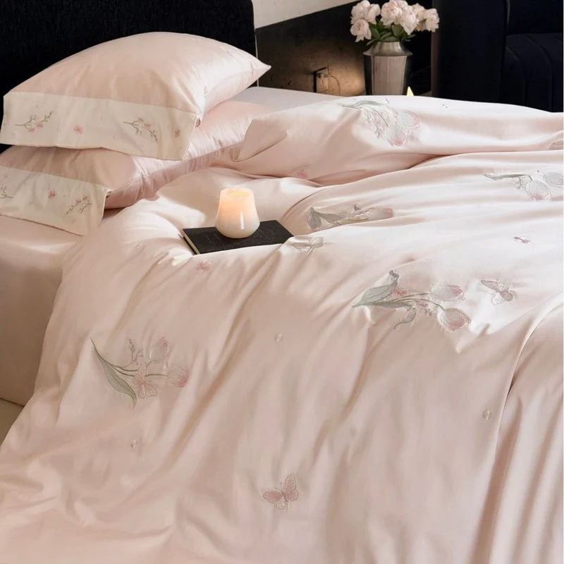 Luxurious satin bed linen set with fine floral embroidery Stornfield
