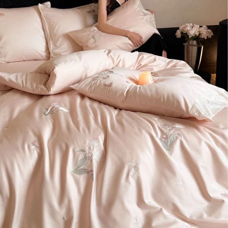 Luxurious satin bed linen set with fine floral embroidery Stornfield