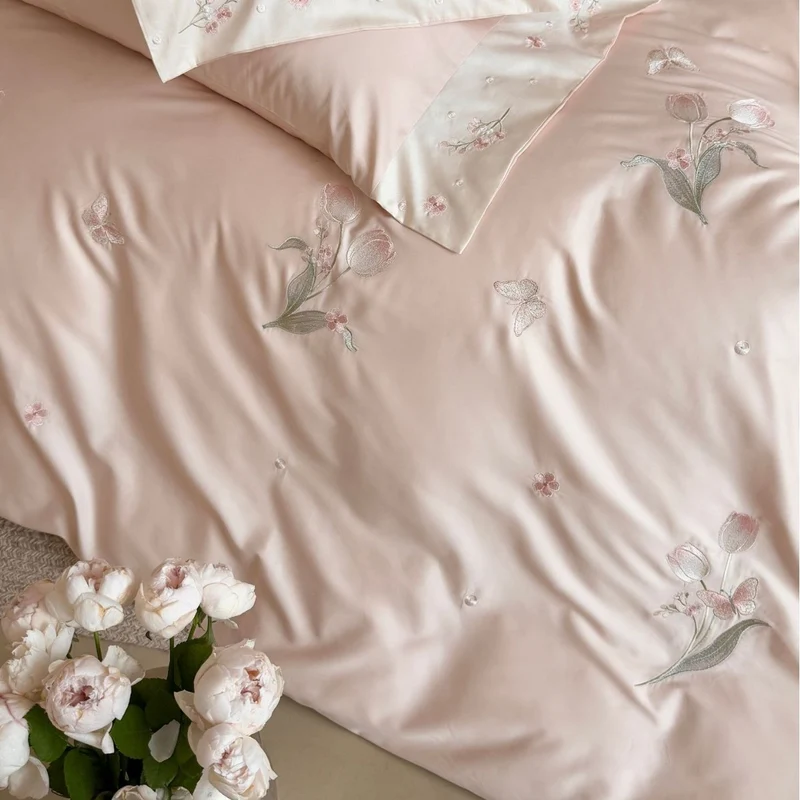 Luxurious satin bed linen set with fine floral embroidery Stornfield