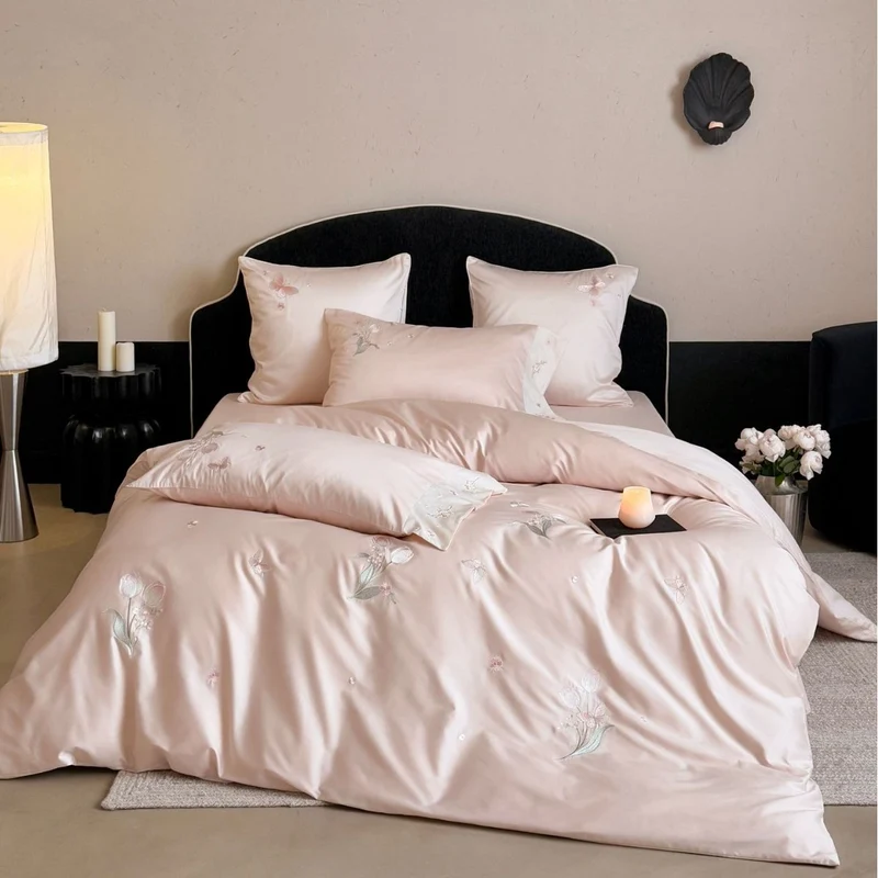 Luxurious satin bed linen set with fine floral embroidery Stornfield