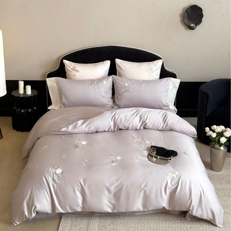 Luxurious satin bed linen set with fine floral embroidery Stornfield