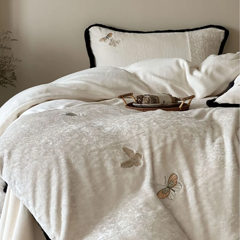 Luxurious velvet duvet cover set with embroidered pillows and contrast piping Stornfield