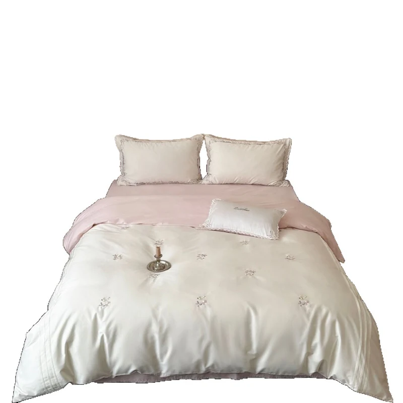 Luxurious fine cotton satin bedding set with delicate flower embroidery and frill pillow Stornfield
