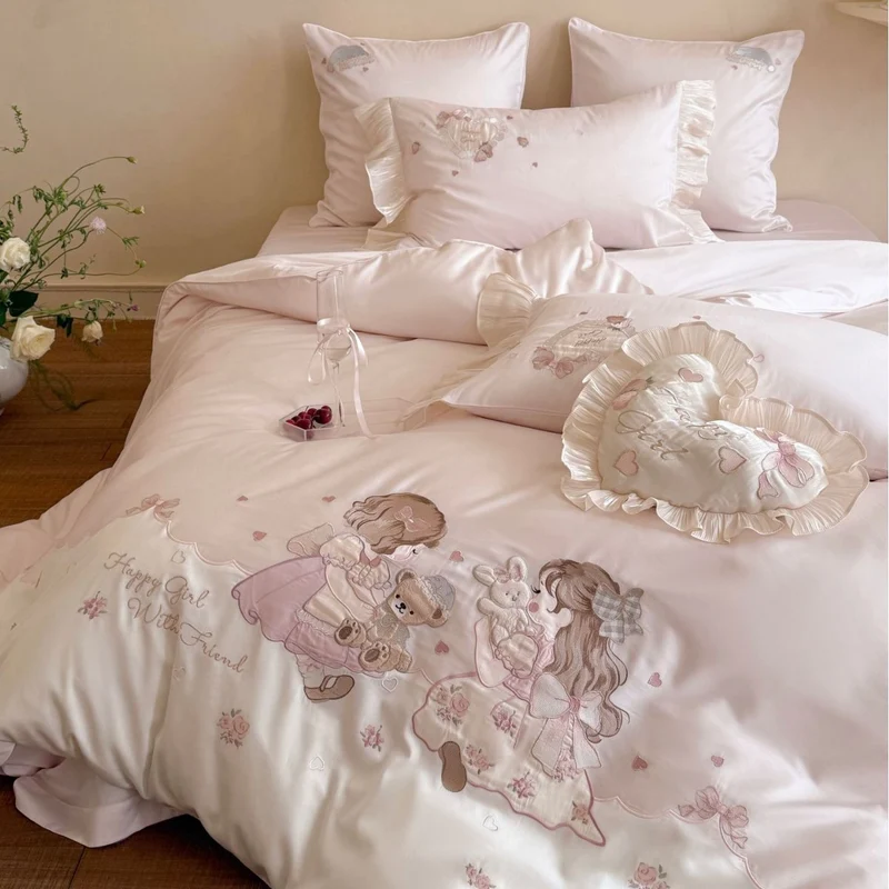 Luxurious embroidered cotton satin bed linen set with ruffles and fairy tale motif Stornfield