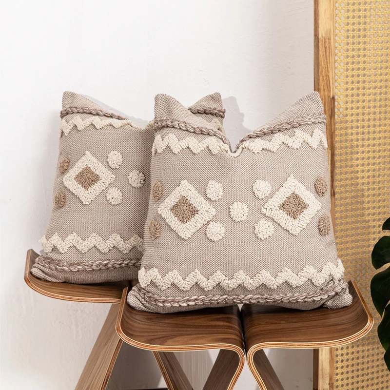 Texturiertes Boho geometrisches tufted Kissen mit geflochtenem Rand und abnehmbarem Reißverschlussbezug