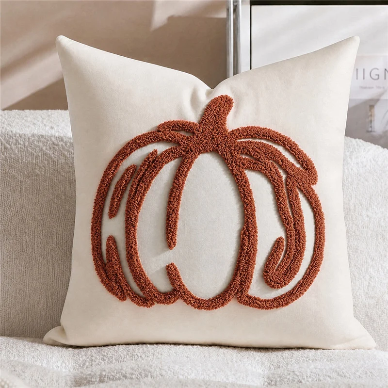 Saisonale tufted Kürbis Akzent Kissenbezug mit Chenille-Schlingenstickerei