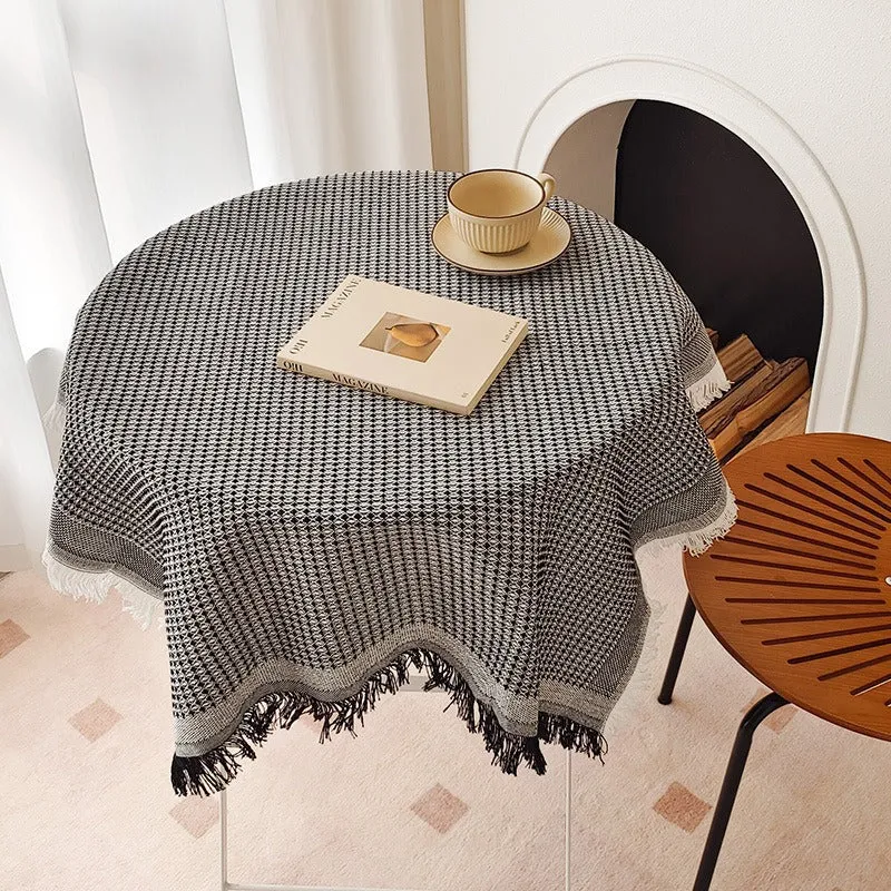 Runde texturierte Waffelgewebe-Fransen-Tischdecke mit Quastenrand