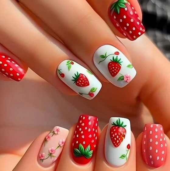Strawberry-Themed Nail Art Enhancements Stornfield