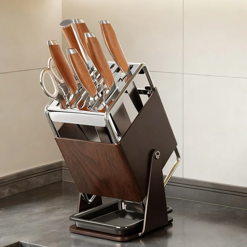 Rotating knife block made of stainless steel with accessories