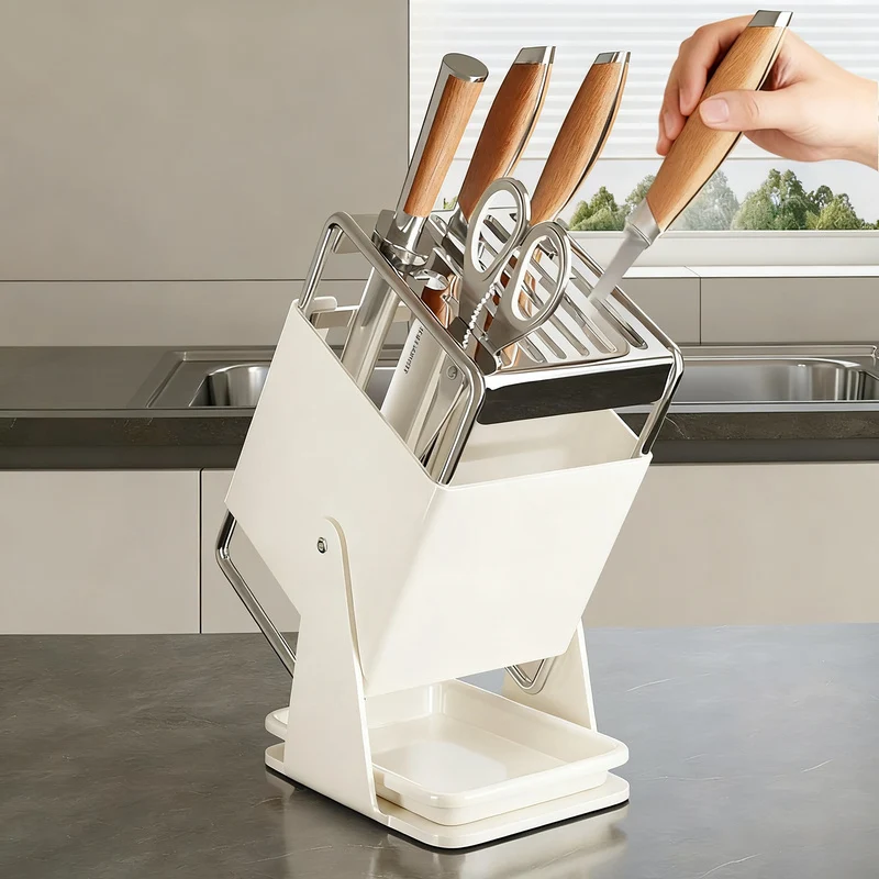Rotatable knife block made of stainless steel, large capacity