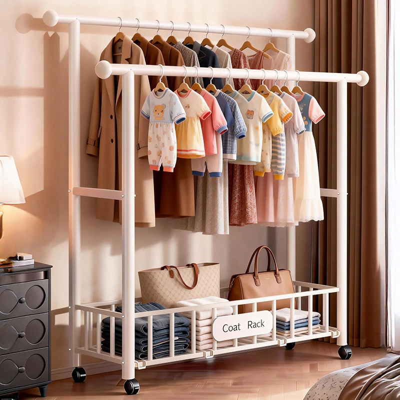 Double rod laundry rack, mobile, with net compartment