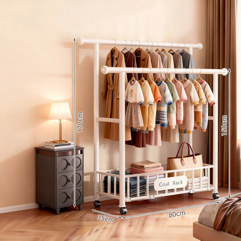 Double rod laundry rack, mobile, with net compartment