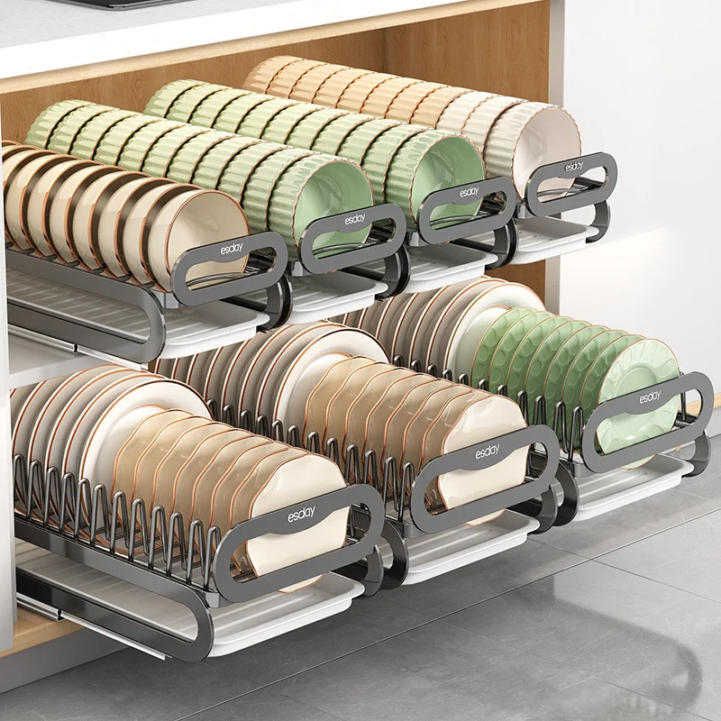 Extendable dish rack for kitchen cabinets