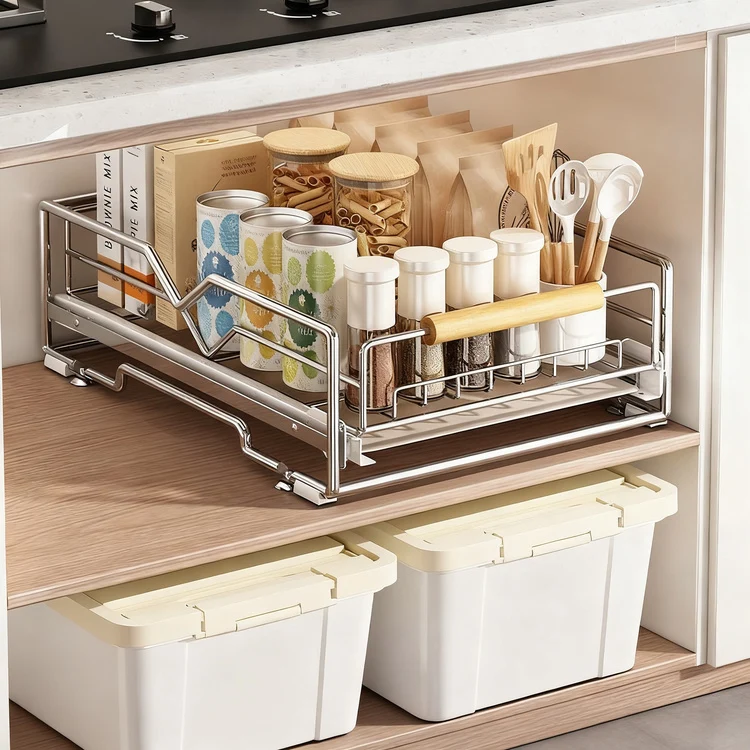 Expandable dish rack made of stainless steel for cabinets